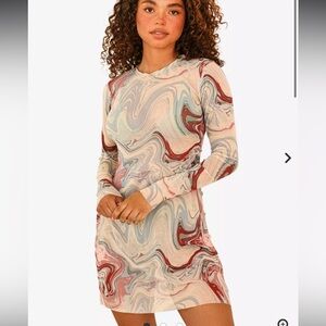 Mesh Swirl Print Long Sleeve Mini Dress - Multicolor